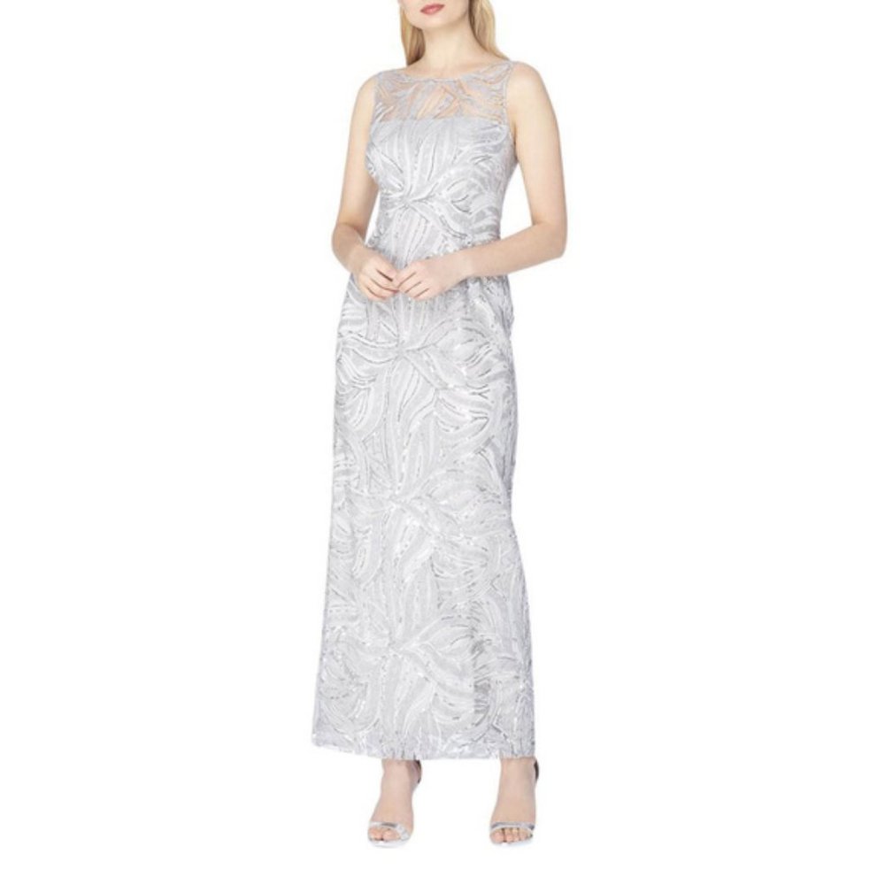 Tahari Womens Illusion Neckline Sequin Gown Silver